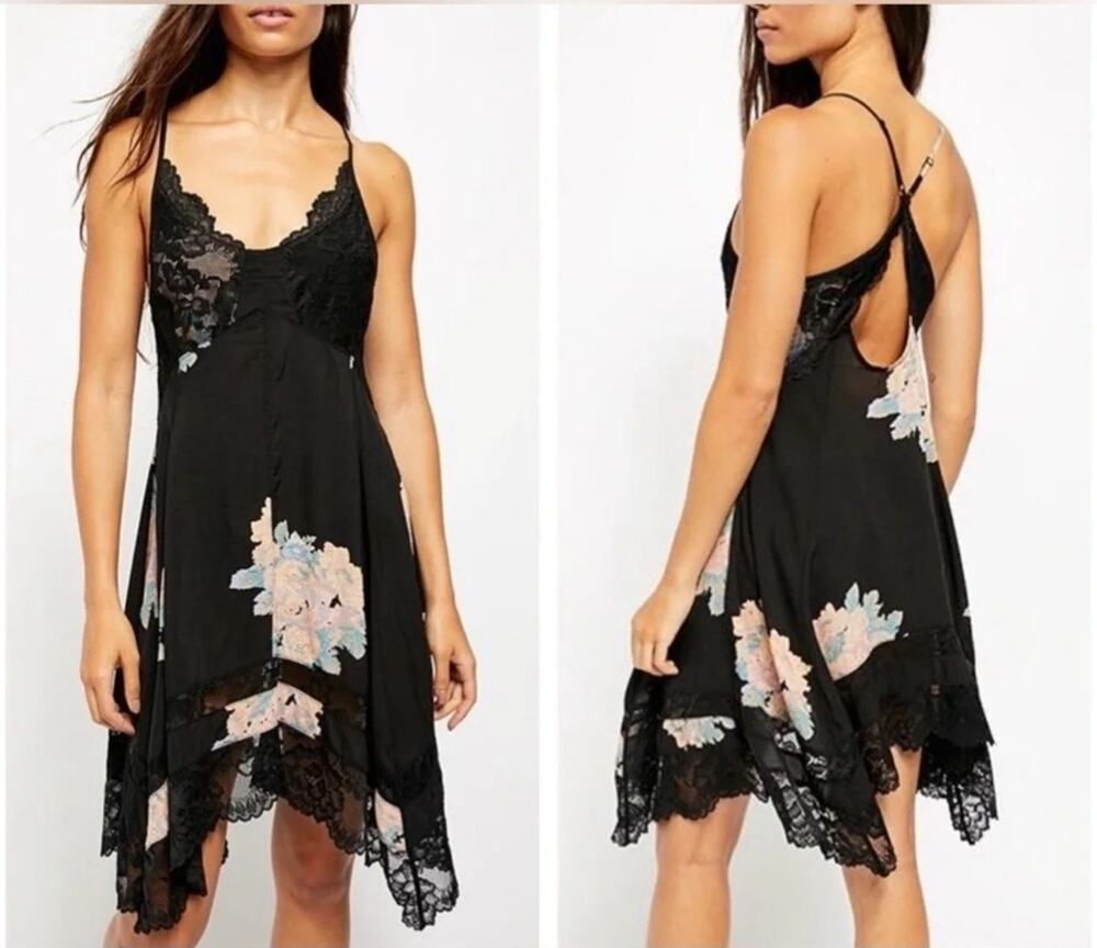 Free People Black Floral Asymmetrical Slip Dress